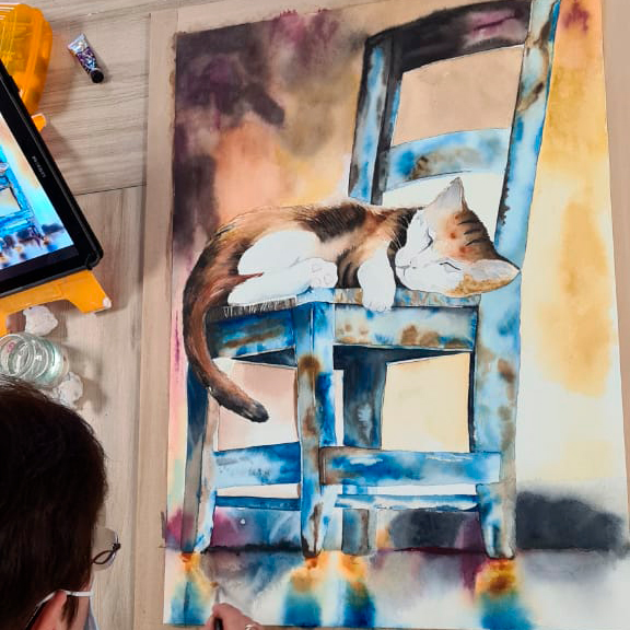 Cours de peinture pour adultes - chat peint sur une toile